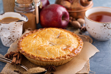 Apple pie with caramel syrup and cinnamon