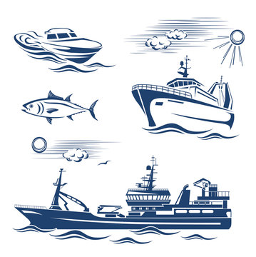 Fishing industry design elements. Vector set 2. 