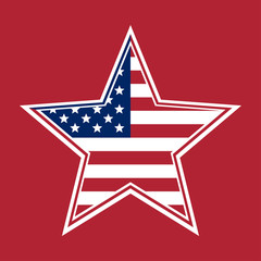 US Flag in the shape of a star. Flag of the United States of America on a red background. The Stars and Stripes. Red, White and Blue Flag. Star with the US flag inside. Vector illustration