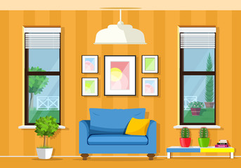 Modern colorful room interior with furniture: armchair, table, windows, flowerpots. Flat style vector illustration.