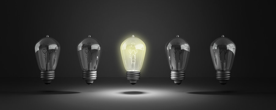Idea concept with row of light bulbs and glowing bulb 3d illustr