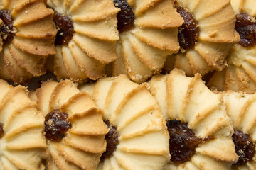 fresh delicious round cookies close-up big group