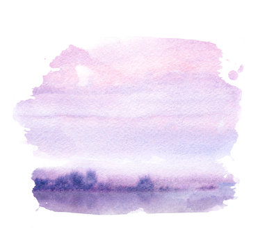Watercolor illustration of a sunset on a beach