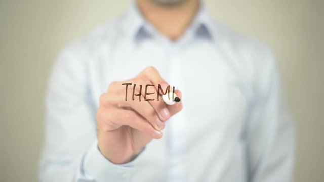 Themes, man writing on transparent screen