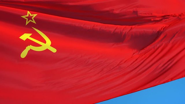 The Union of Soviet Socialist Republics flag waving in slow motion against sky, seamlessly looped, close up, isolated on alpha channel, black white matte, perfect for film, news, digital composition