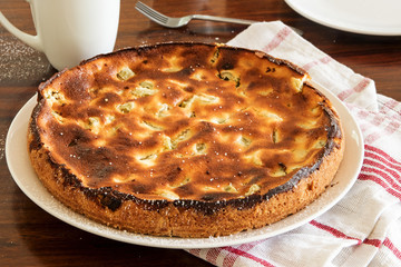 pie with rhubarb and cottage cheese fresh from the oven