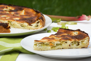 cake or pie with rhubarb on a white plate in the garden, close up