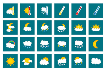Set of 24 vector weather square colored window style flat icons on turquoise background. Vector illustration