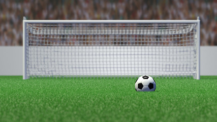 football lays in the green grass in front of the goal