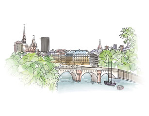 Paris cityscape with Seine riverside. Street views in the old city. 