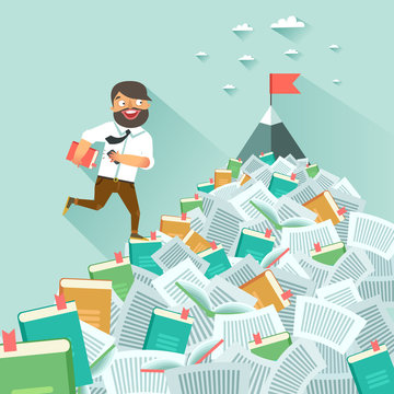 Man running up along stairs of books, concept of education, learning, personal development, successful career start. Vector colorful illustration in flat design