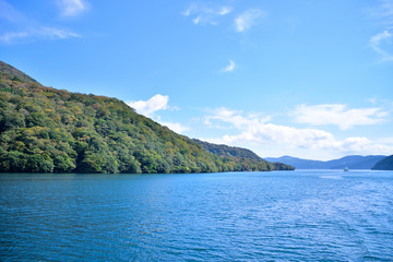 Fototapeta na wymiar 青空と新緑のコントラストが美しい箱根芦ノ湖