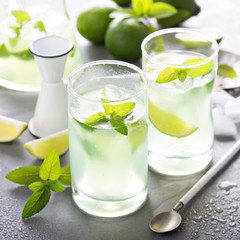 Refreshing cold cocktail with mint and limes