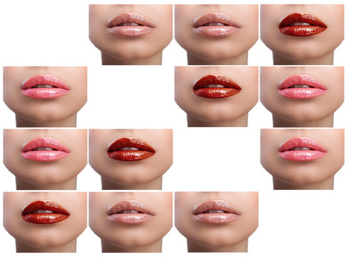 Collage of colored lips on a white background