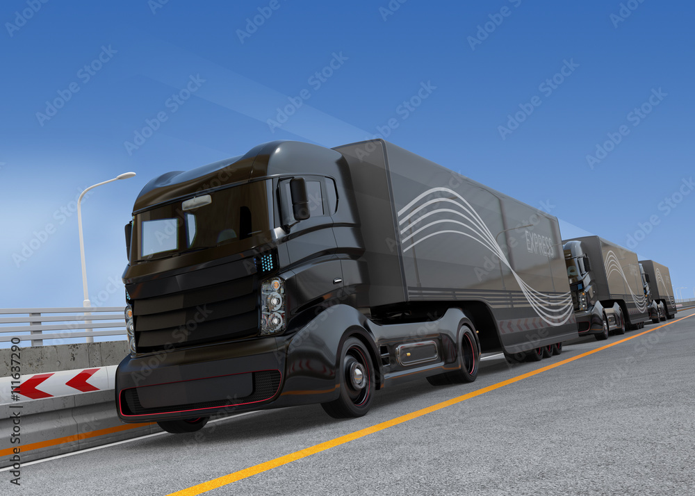 Poster fleet of autonomous hybrid trucks driving on highway. 3d rendering image.