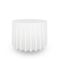 Empty round table with tablecloth isolated on white background