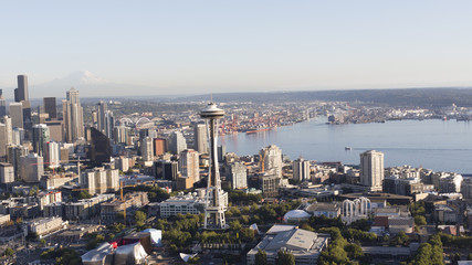 Seattle, Washington Urban Skyline of the Downtown City Aerial Panoramic View. Scenic Northwest Buildings, Waterfront Elliot Bay, and Landmarks