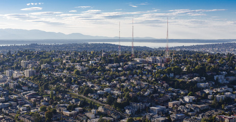 Queen Anne Hill Neighborhood, Downtown Seattle, Washington - Aerial Birds Eye View of the Pacific Ocean, Olympic Mountains
