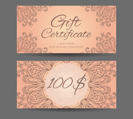 Template gift certificate for yoga studio, spa center, massage parlor, beauty salon. Abstract pattern mandala