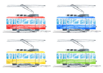Set of Bright Watercolor Illustration of Traditional Public Tram. Hand Drawn Images of Transport Isolated on White Background. Collection of Different Color Objects - 111643046