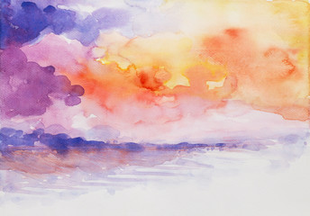 sunset seascape colorful watercolor painted