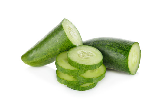 sliced and portion cut Japanese cucumber on white background