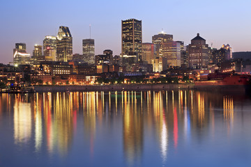 Montreal skyline and St Lawrence River at dusk, Quebec, Canada