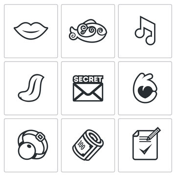 Vector Set of Silence Icons. Muteness, fish, sound, language, secret, gesture, gag, bribe, document on the non-disclosure.