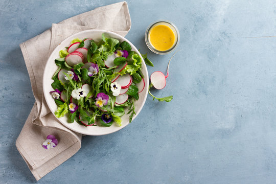 Spring salad with radishes, edible flower and sauce