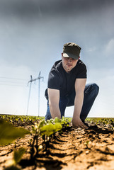 Young farmer on field of soybean
