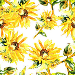 Watercolor sunflower, hand painted, seamless pattern - 111645888