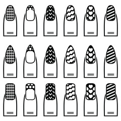 Female manicure  gel & hybrid nails  including shapes like almond, square, rounded nails with plain nail polish, French manicure, zig zag , waves,  decorative dots, hearts diagonal lines monochrome 

