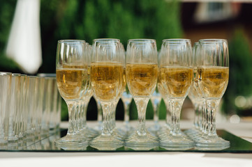 Wedding glasses filled with champagne at banquet