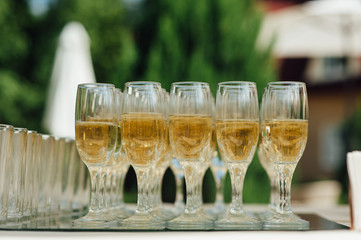 Wedding glasses filled with champagne at banquet