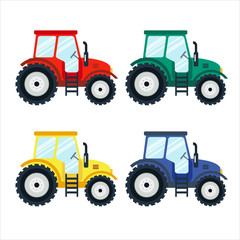 Colorful tractors on white background. Tractors in flat style. Agricultural tractor. Agricultural vehicle and farm machine. Tractor illustration-business concept. Agriculture machinery.