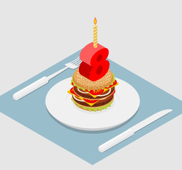 Birthday 8 years old burger. Hamburger and candle isometrics. Fi