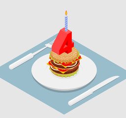 4 years birthday burger. Number four with candle. Burger anniver