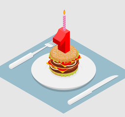 1 year birthday burger. Number one with candle. holiday Hamburge
