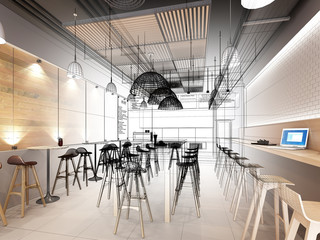 sketch design of resturant ,3d wire frame render 