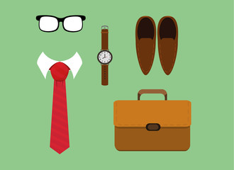 vector illustration of flat lay men fashion casual accessories tie,watch,glasses ,shoes and briefcase. eps 10