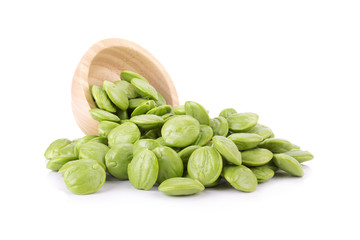 Parkia speciosa seeds or bitter bean on white background
