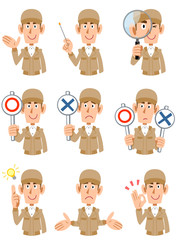 作業着の男性の9種類の表情
