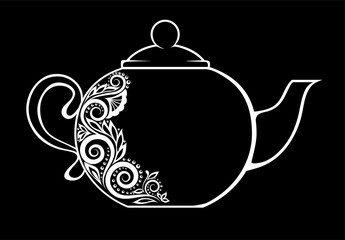 Beautiful teapot, decorated with black and white floral ornament isolated.