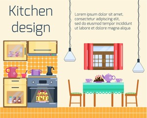 Kitchen design. Kitchen and dining room interior with utensils, appliances and furniture. Stove and oven, dining table  and two chairs. Flat home interior. Vector cartoon illustration