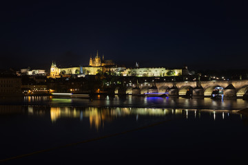 Fototapeta na wymiar Prague city at night, Charles Bridge, Lobkowicz Palace, Hradcany