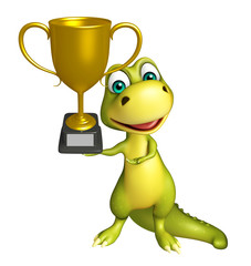Dinosaur cartoon character with winning cup