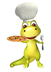 fun Dinosaur cartoon character with pizza and spoons