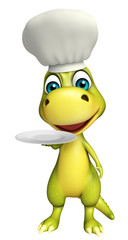 Fototapeta premium Dinosaur cartoon character with dinner plate and chef hat