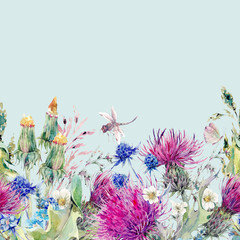 Obraz na płótnie Canvas Summer watercolor seamless floral border with wild flowers