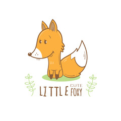 Card with cute cartoon fox. Little funny animal. Children's illustration. Vector image.
